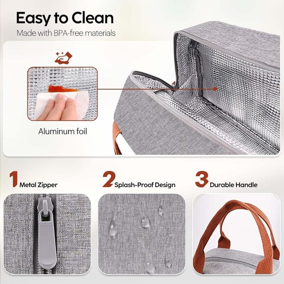 Large Insulated Lunch Bag for Women & Men, Leakproof Reusable Tote (Grey) - Picture 4 of 7